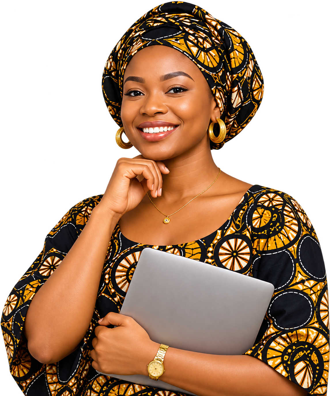 African business woman holding laptop